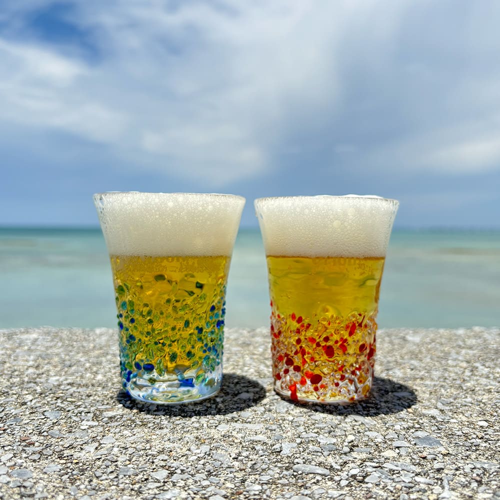 琉球ガラス つぶつぶビアグラス2個セット（オレンジ・ブルー）
