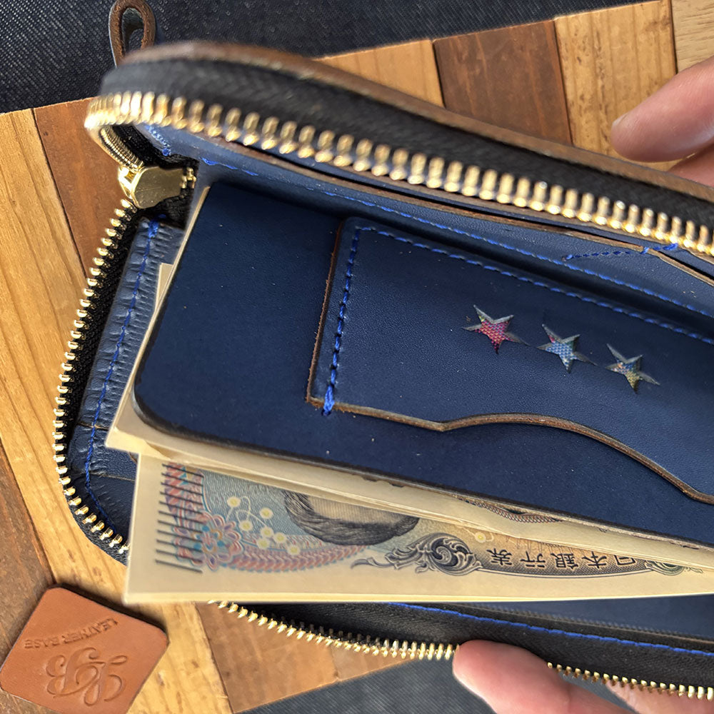 レザー×うらそえ織 L字ファスナーウォレット(カラー:ブルー レザー×うらそえ織 L字ファスナーウォレット(カラー:ブルー