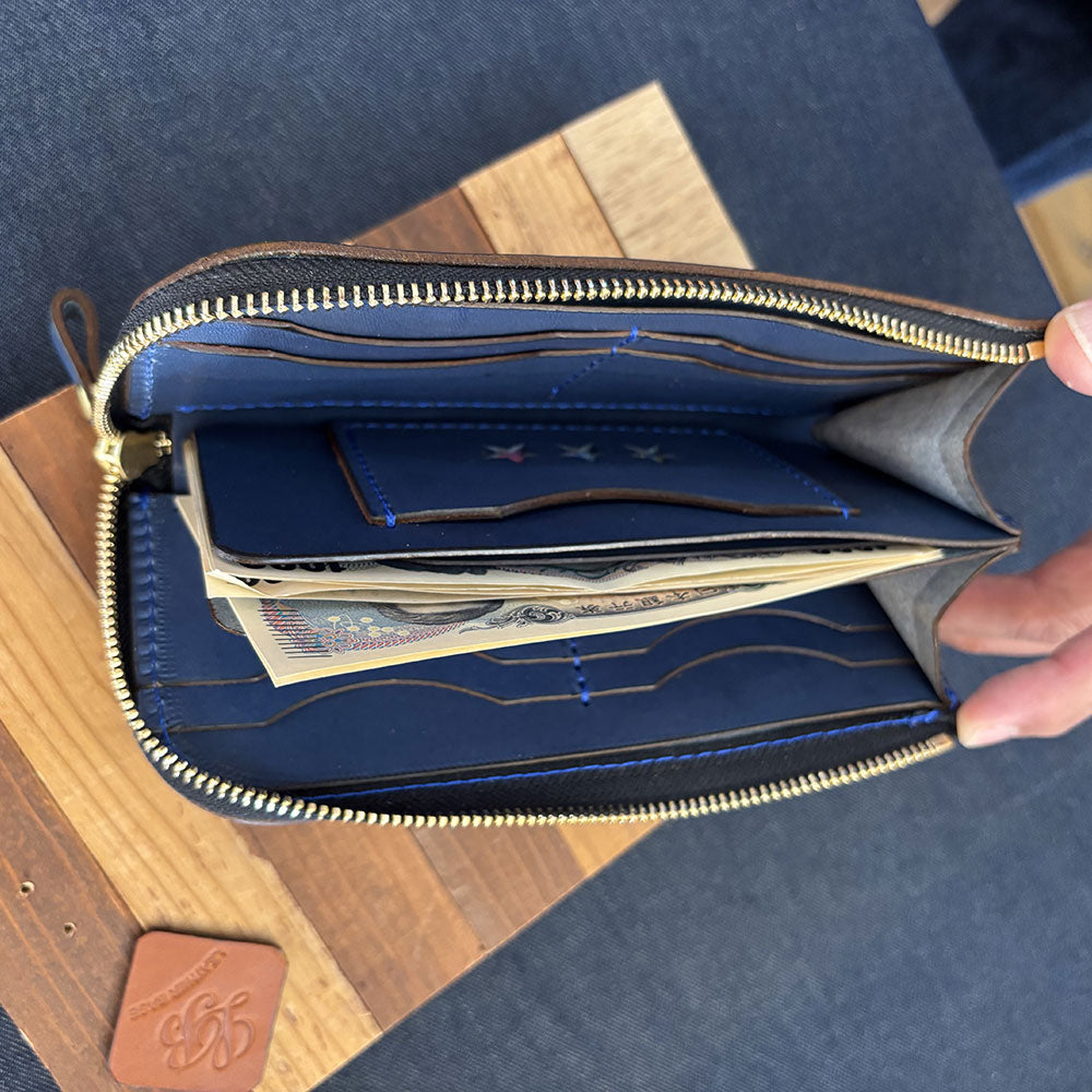 レザー×うらそえ織 L字ファスナーウォレット（カラー：ブルー