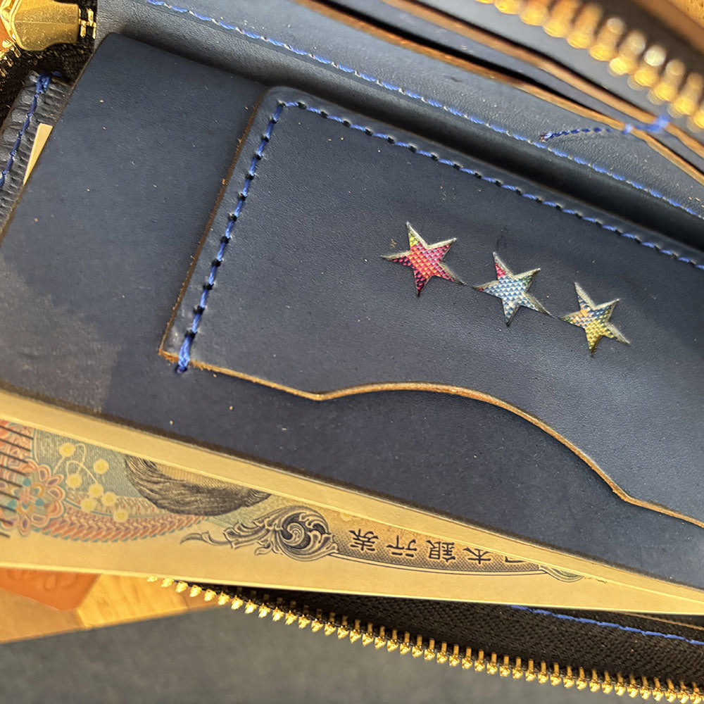 レザー×うらそえ織 L字ファスナーウォレット（カラー：ブルー