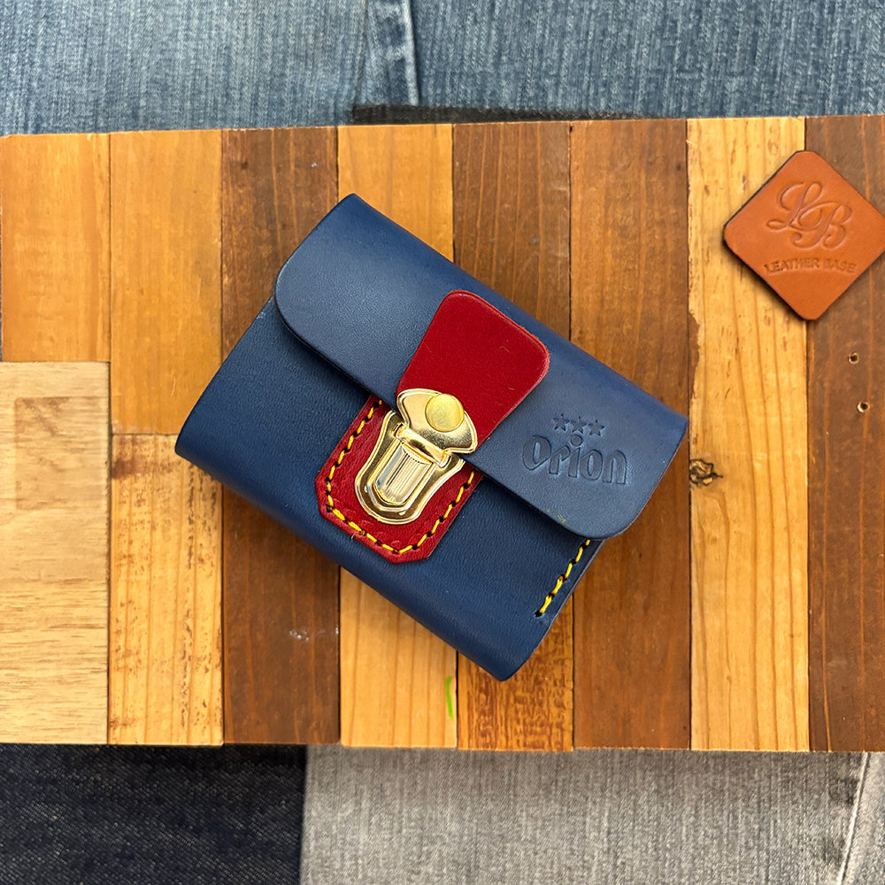 オリジナルレザーウォレット 差し込み錠式（カラー：ブルー×ワイン×ブラウン）