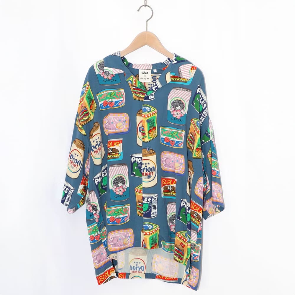 ORION×ScoLar トロピカルポップ缶 総柄シャツ （ブルー／Mサイズ）