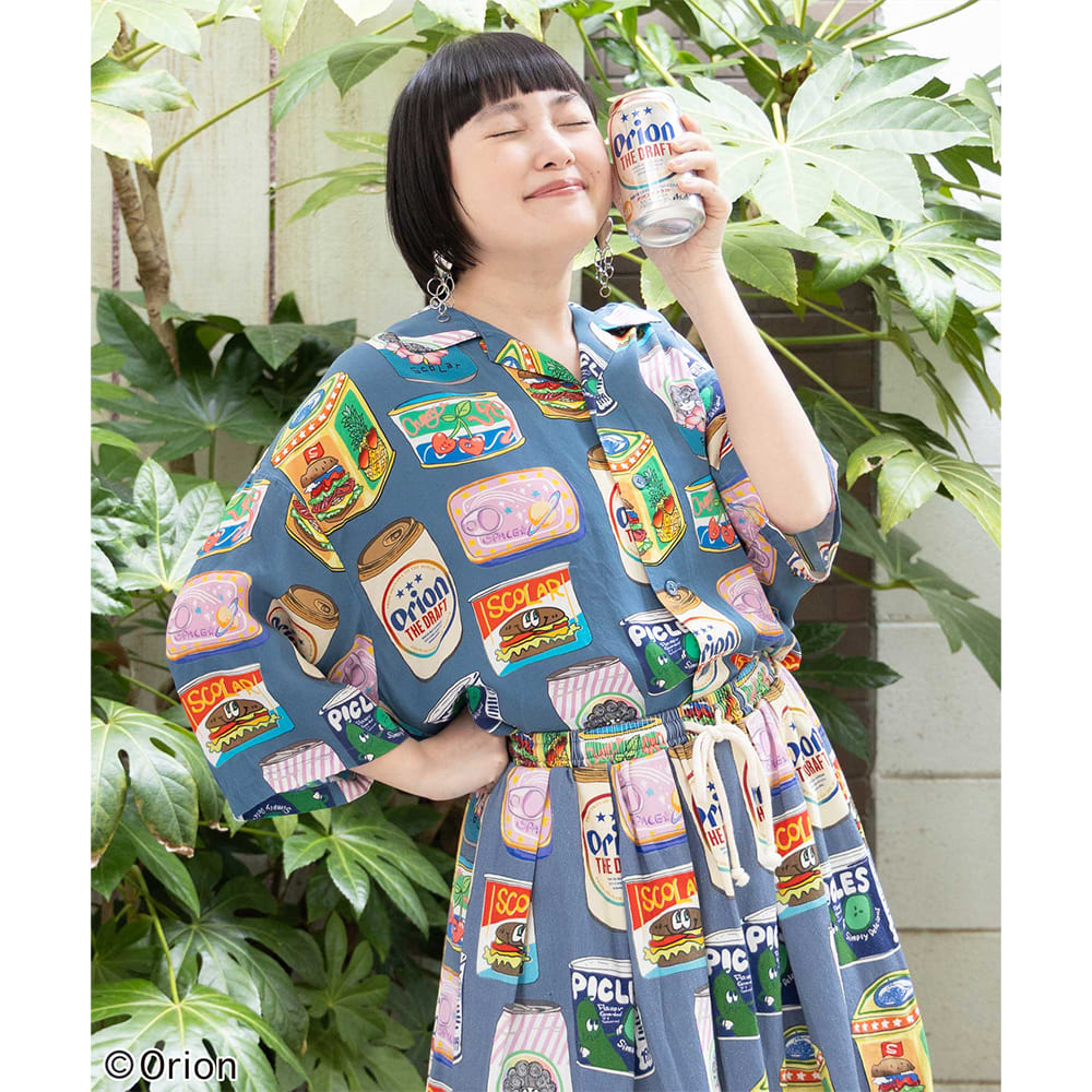 ORION×ScoLar トロピカルポップ缶 総柄シャツ （ブルー／Mサイズ）