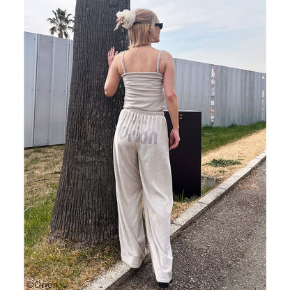 【Orion × SPIRALGIRL スパイラルガール】 ラインストーンロゴパイルパンツ （ベージュ）